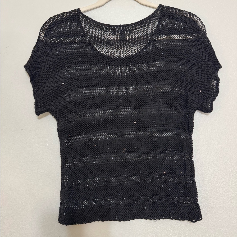 Eileen Fisher Open Knit Sequin Chainmail Box Short Sleeve Sweater - Picture 7 of 8
